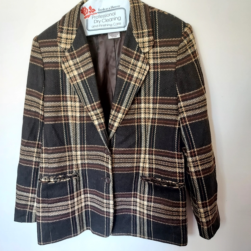Vintage Worthington Brown Tartan Plaid blazer Pockets 12 Academia Career Fall